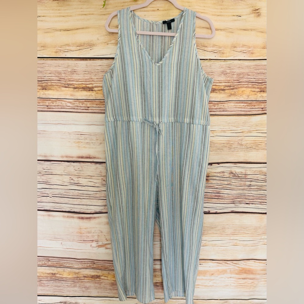 DREW Women’s Light Blue Striped V-Neck Sleeveless Drawstring Jumpsuit Romper L